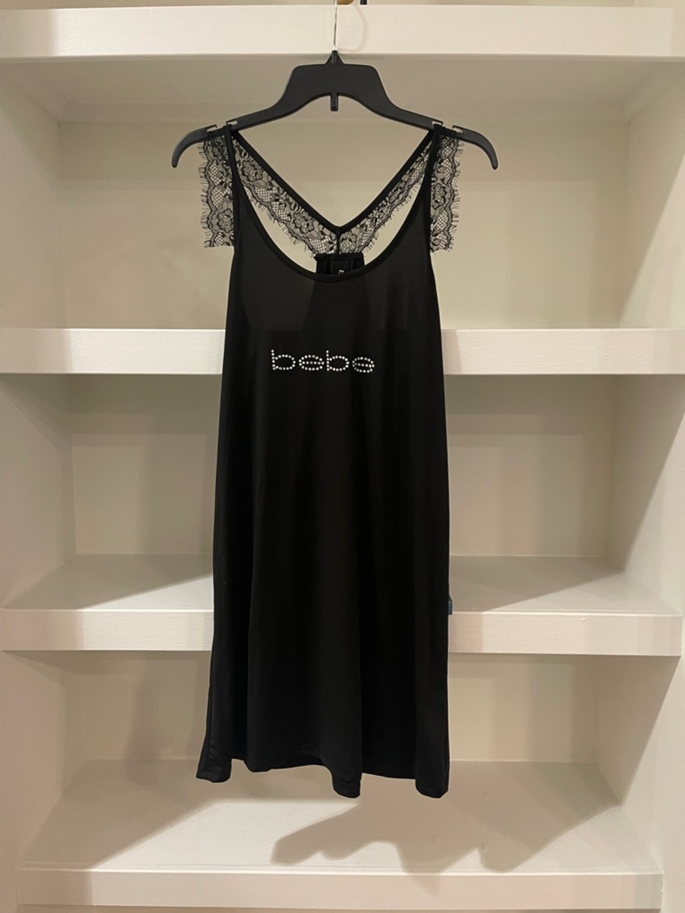 Bebe Sleepwear Black Lace Trim Nightgown – Size M – Rhinestone Logo – NWT